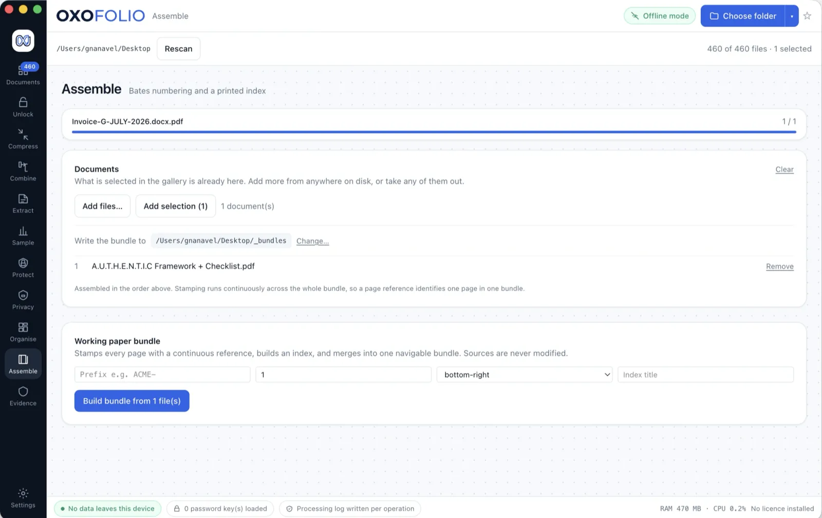 Oxofolio assembling a bundle with page numbering