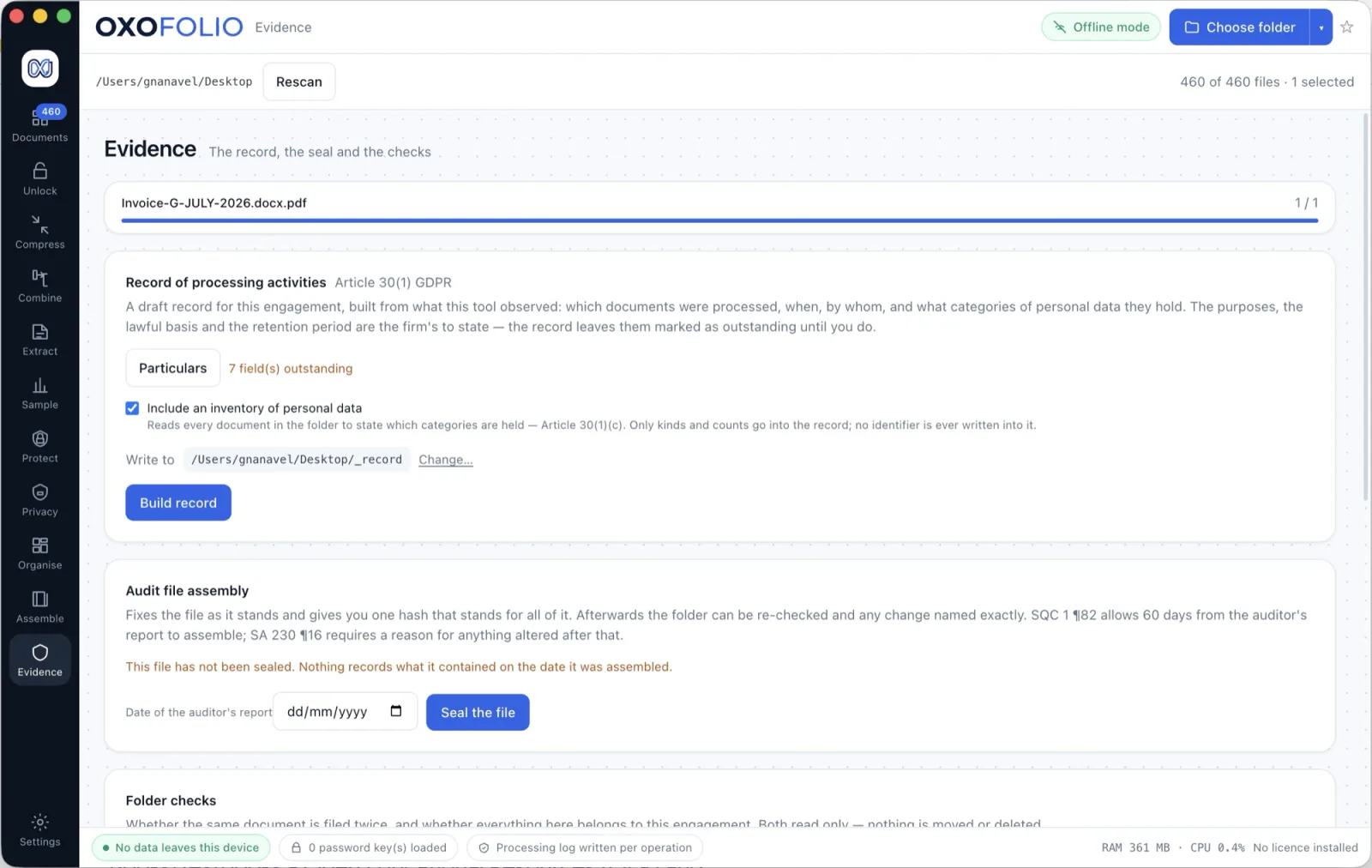 Oxofolio evidence log listing processing activity with hashes