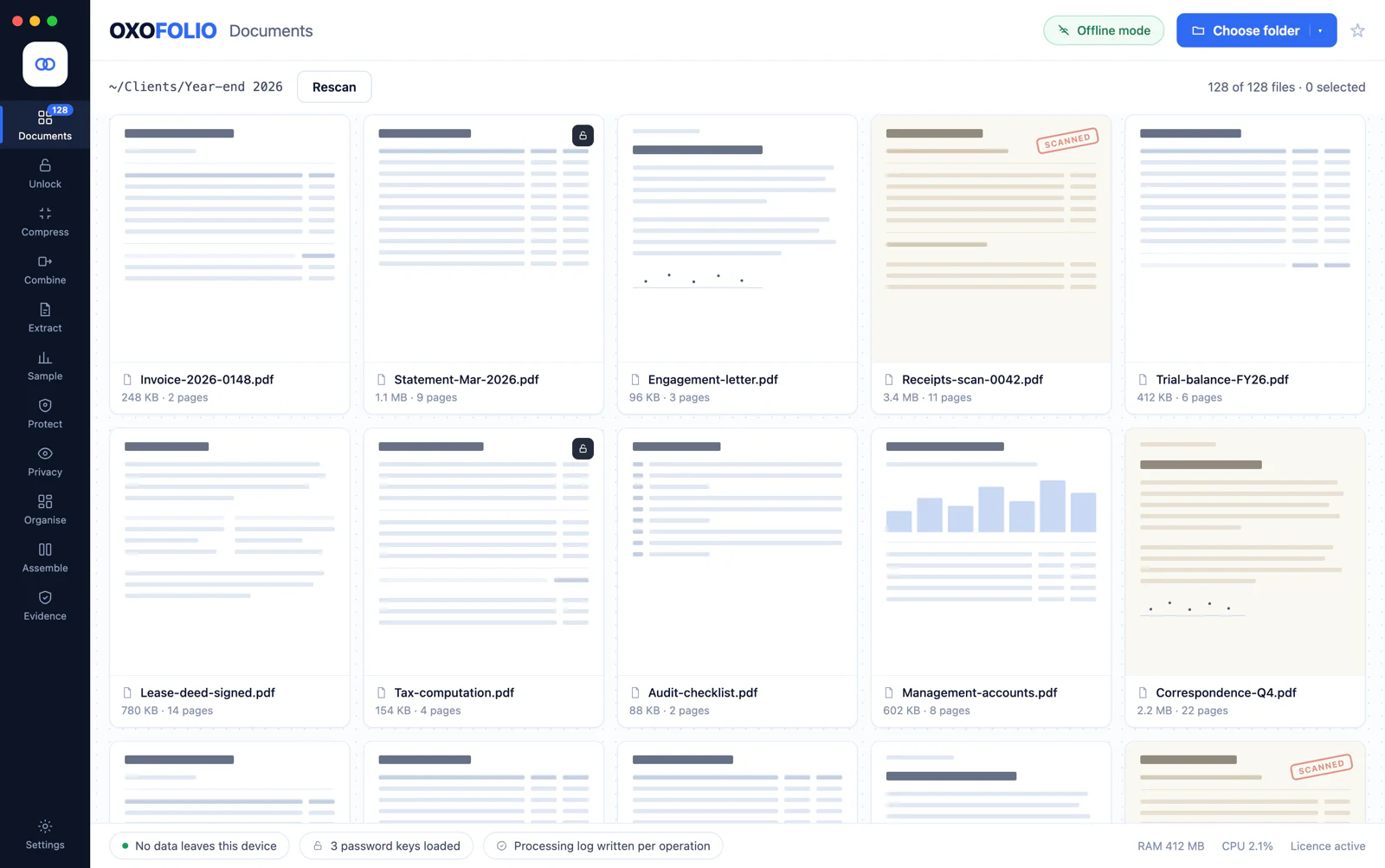 Oxofolio open on a folder of documents, showing the file gallery.