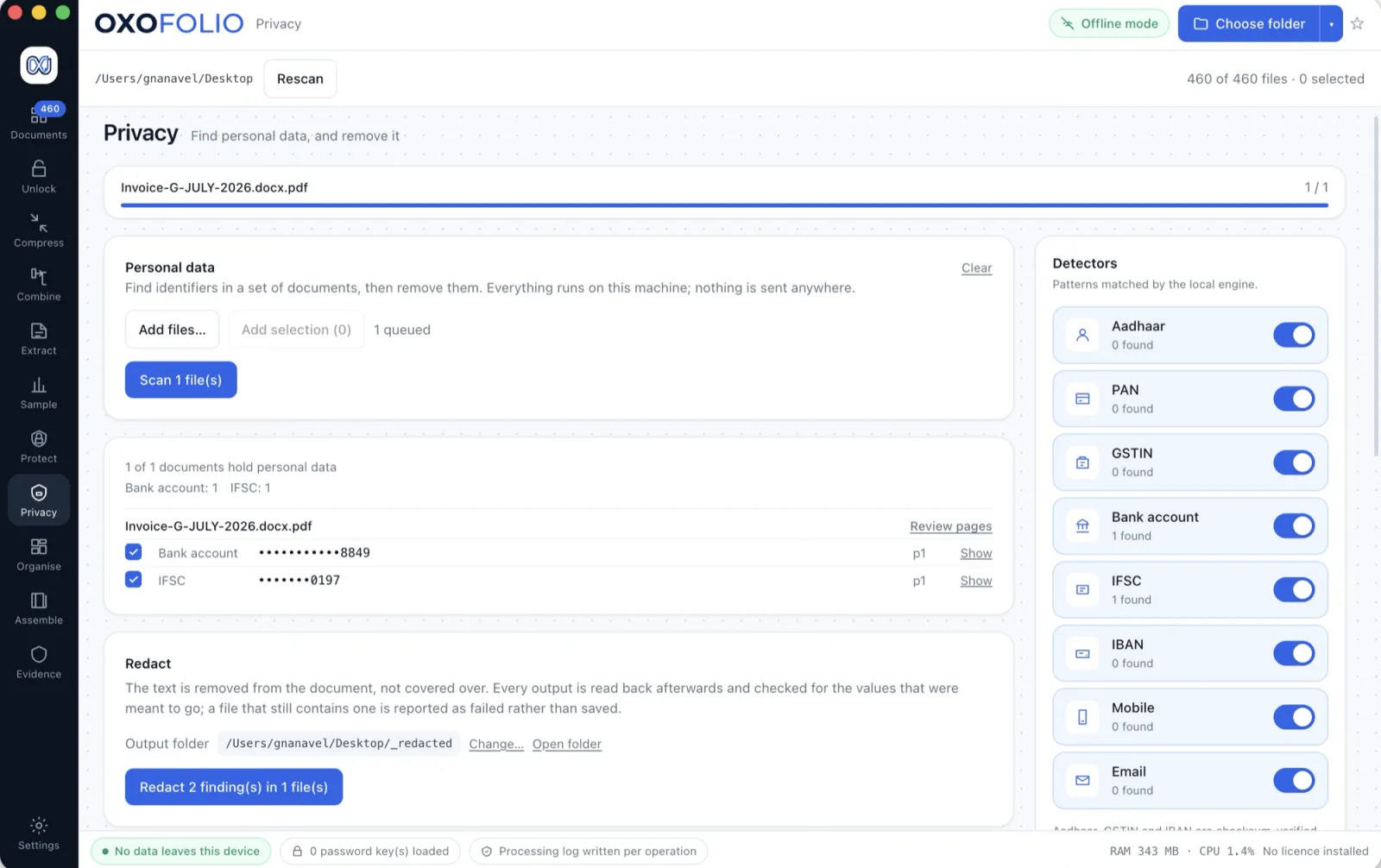 Oxofolio privacy scan showing personal data found in a document