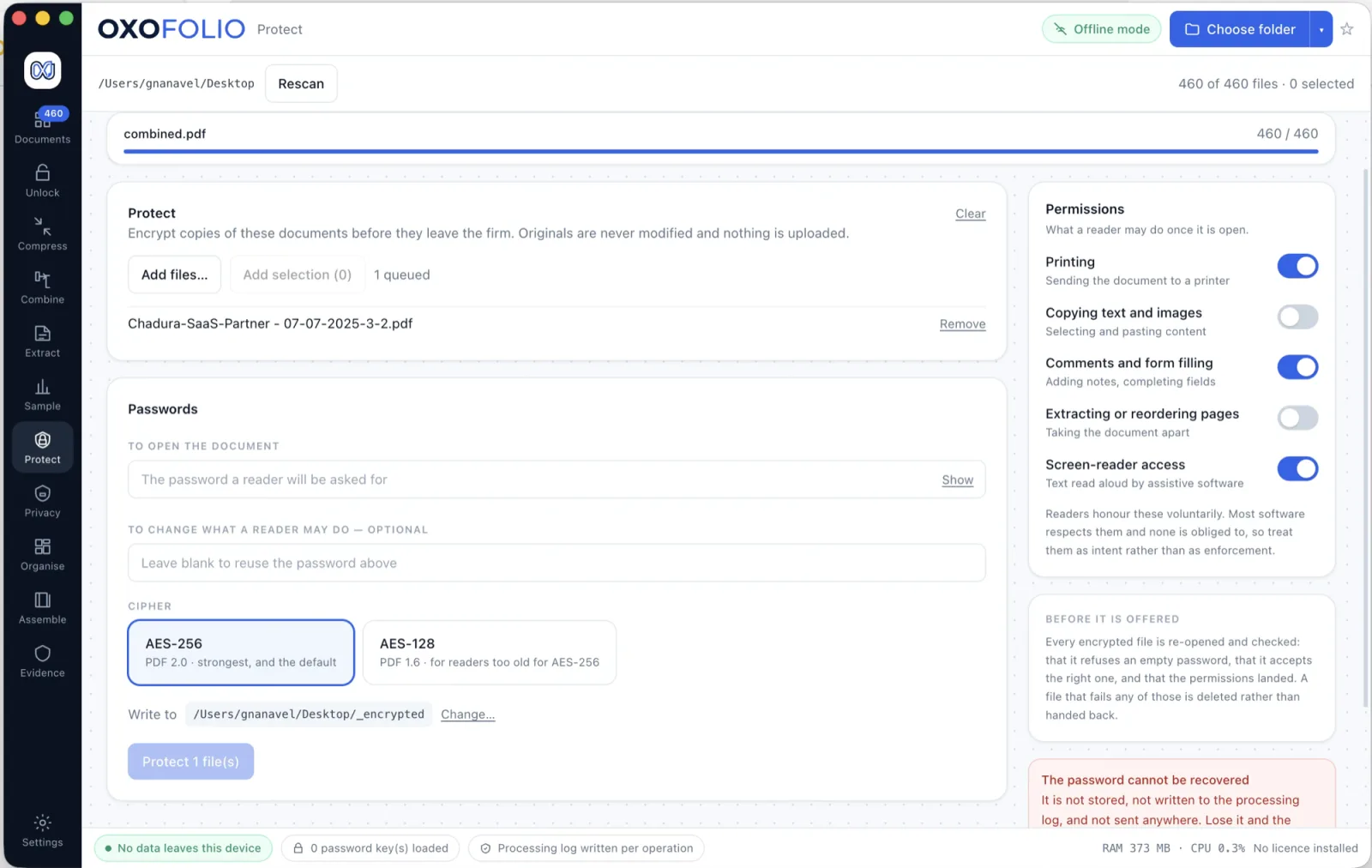Oxofolio putting a password back onto a batch of documents