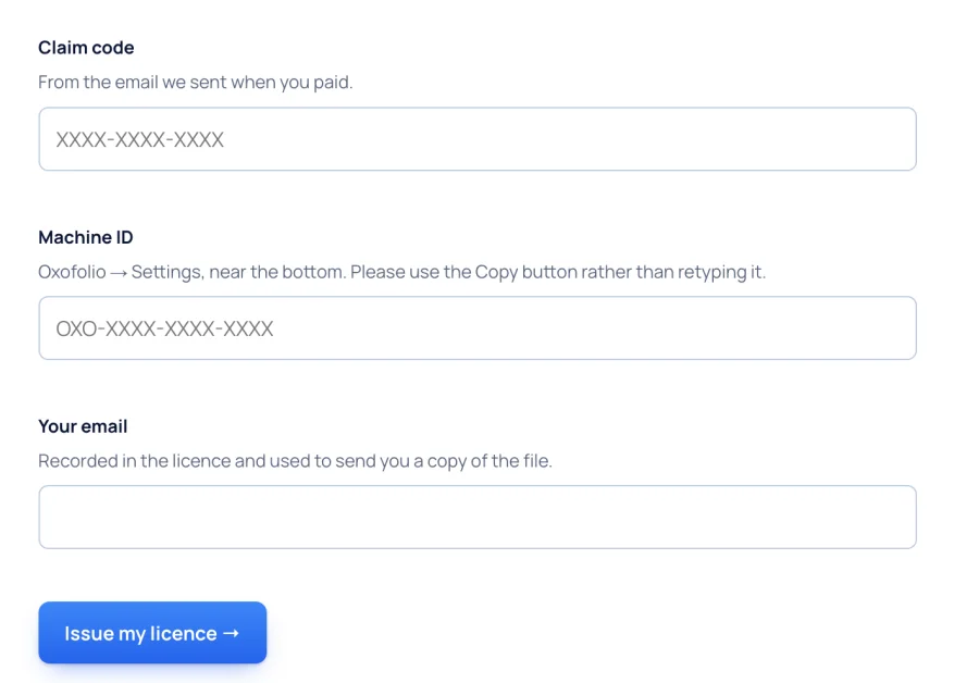 The claim form, with fields for claim code, machine ID and email.