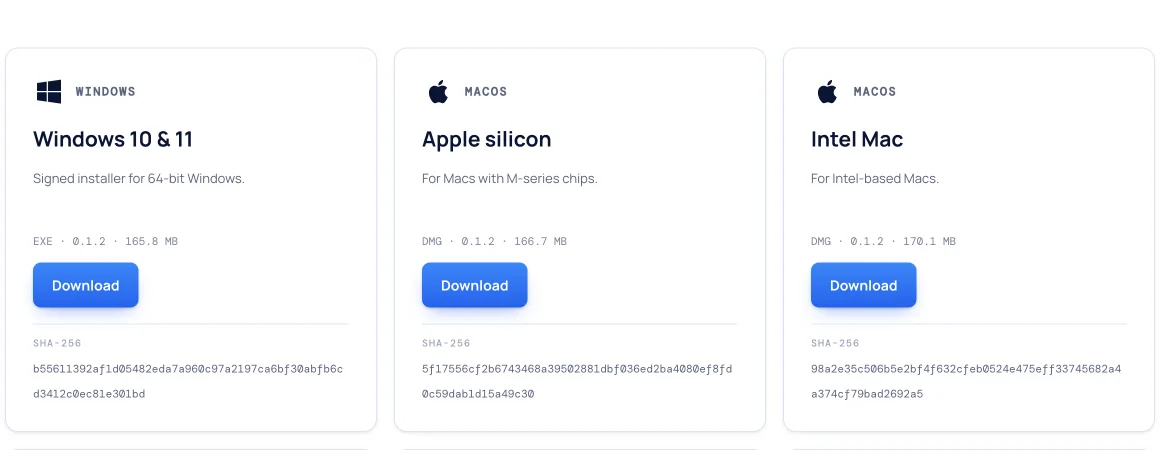 The download page, showing cards for Windows, Apple silicon and Intel Mac with version, size and SHA-256.