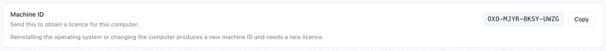 The Machine ID row in Oxofolio's Settings, showing an identifier and a Copy button.